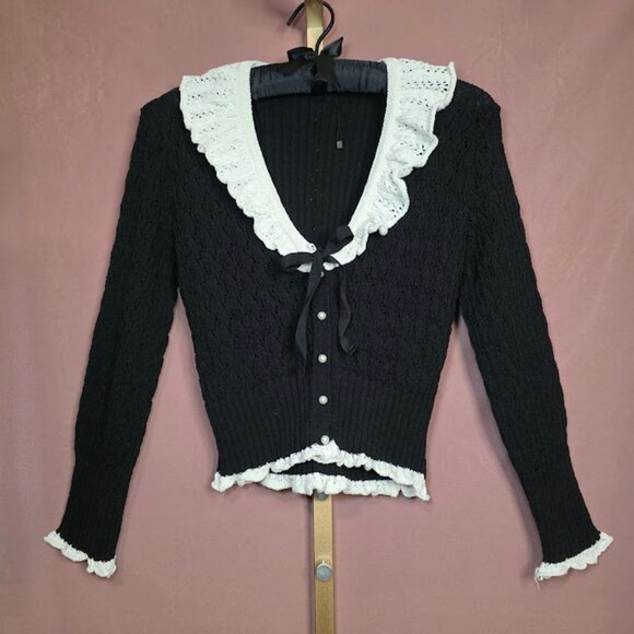 Zara Pointelle Mixed Ruffled Knit Cardigan Black/Cream L - Picture 2 of 11